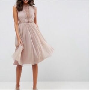 ASOS Coquette Lace Mesh Swiss Dot Midi Dress Pink Sleeveless Cocktail US 6